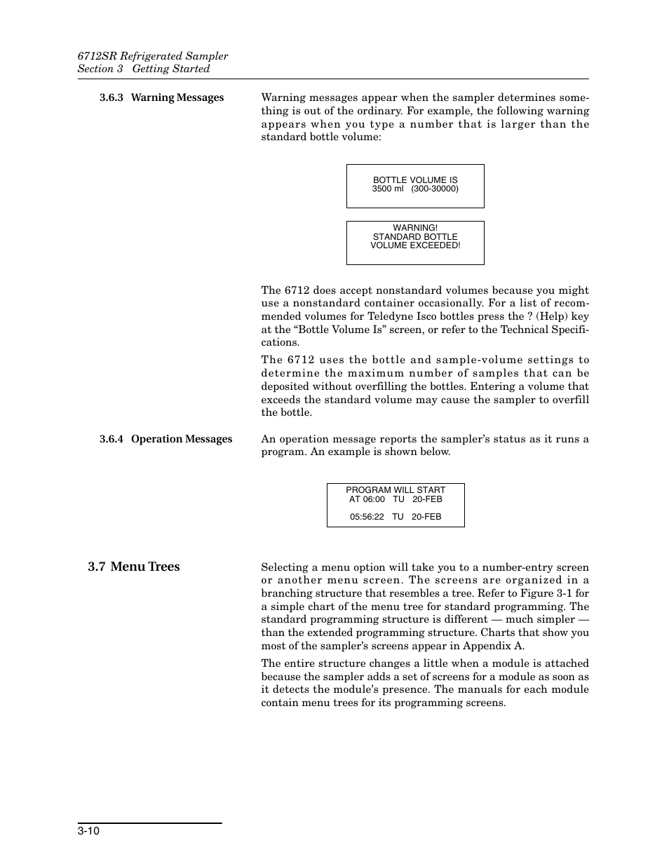 3 warning messages, 4 operation messages, 7 menu trees | 7 menu trees -10 | Teledyne 6712SR User Manual | Page 52 / 224