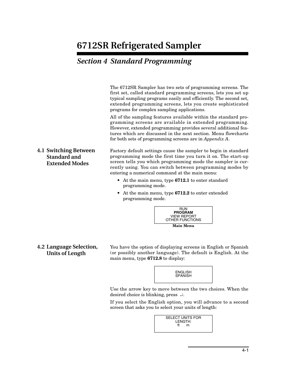 Section 4 standard programming, 1 switching between standard and extended modes, 2 language selection, units of length | 6712sr refrigerated sampler | Teledyne 6712SR User Manual | Page 55 / 224