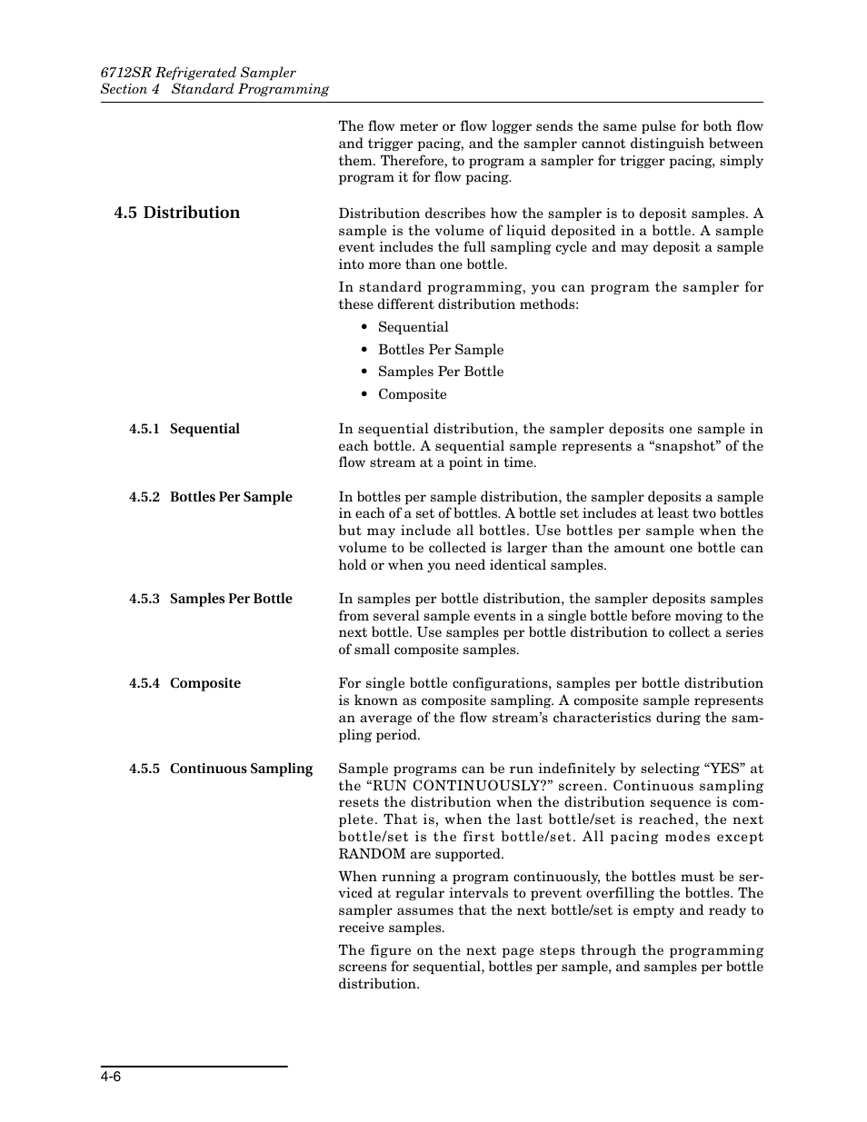 5 distribution, 1 sequential, 2 bottles per sample | 3 samples per bottle, 4 composite, 5 continuous sampling, 5 distribution -6 | Teledyne 6712SR User Manual | Page 60 / 224