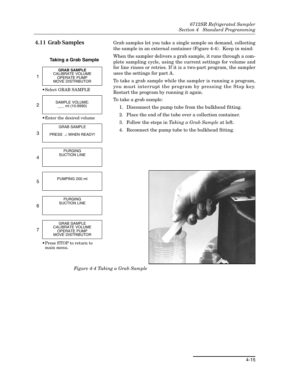 11 grab samples, 11 grab samples -15, 4 taking a grab sample -15 | Teledyne 6712SR User Manual | Page 69 / 224