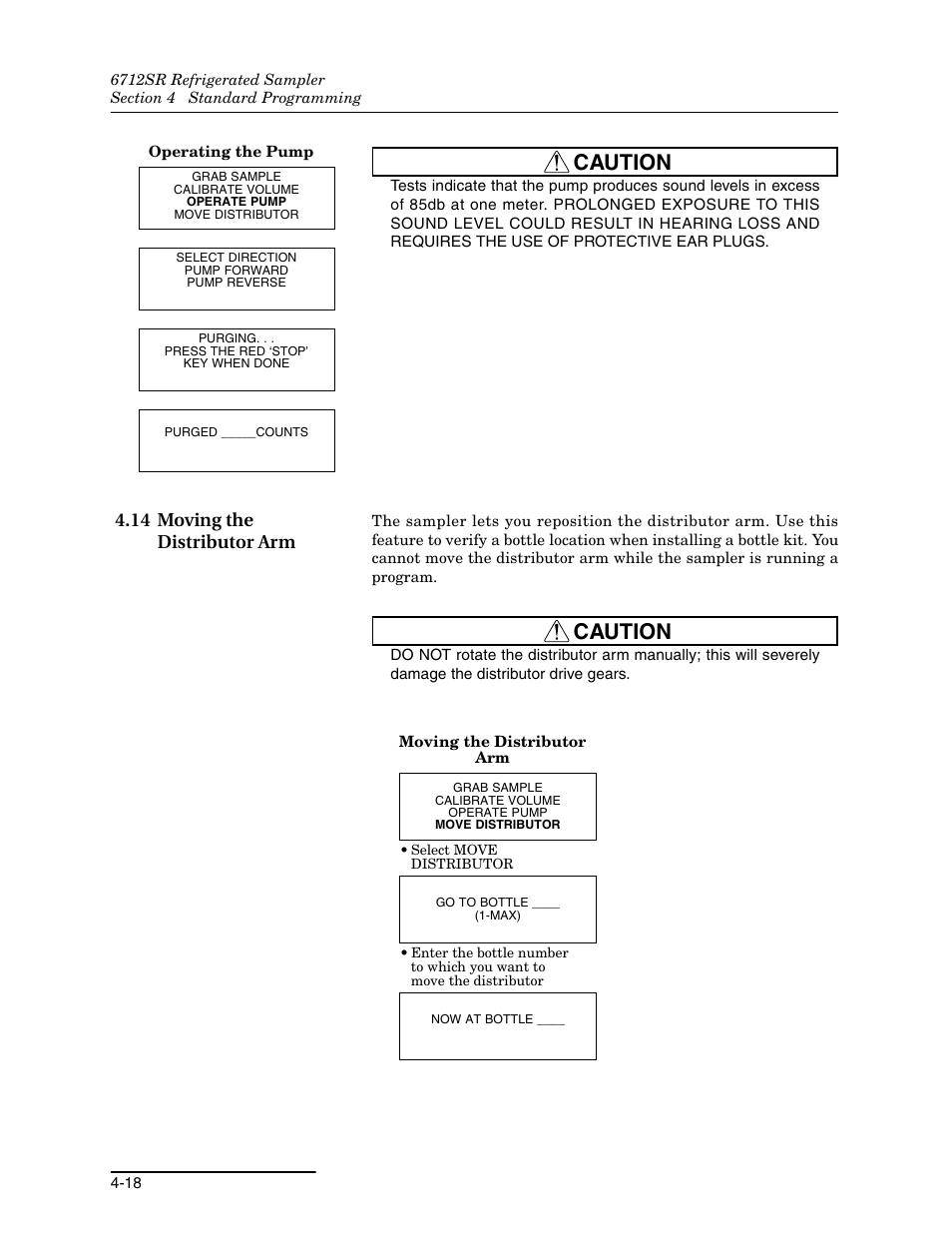 14 moving the distributor arm, 14 moving the distributor arm -18, Caution | Teledyne 6712SR User Manual | Page 72 / 224