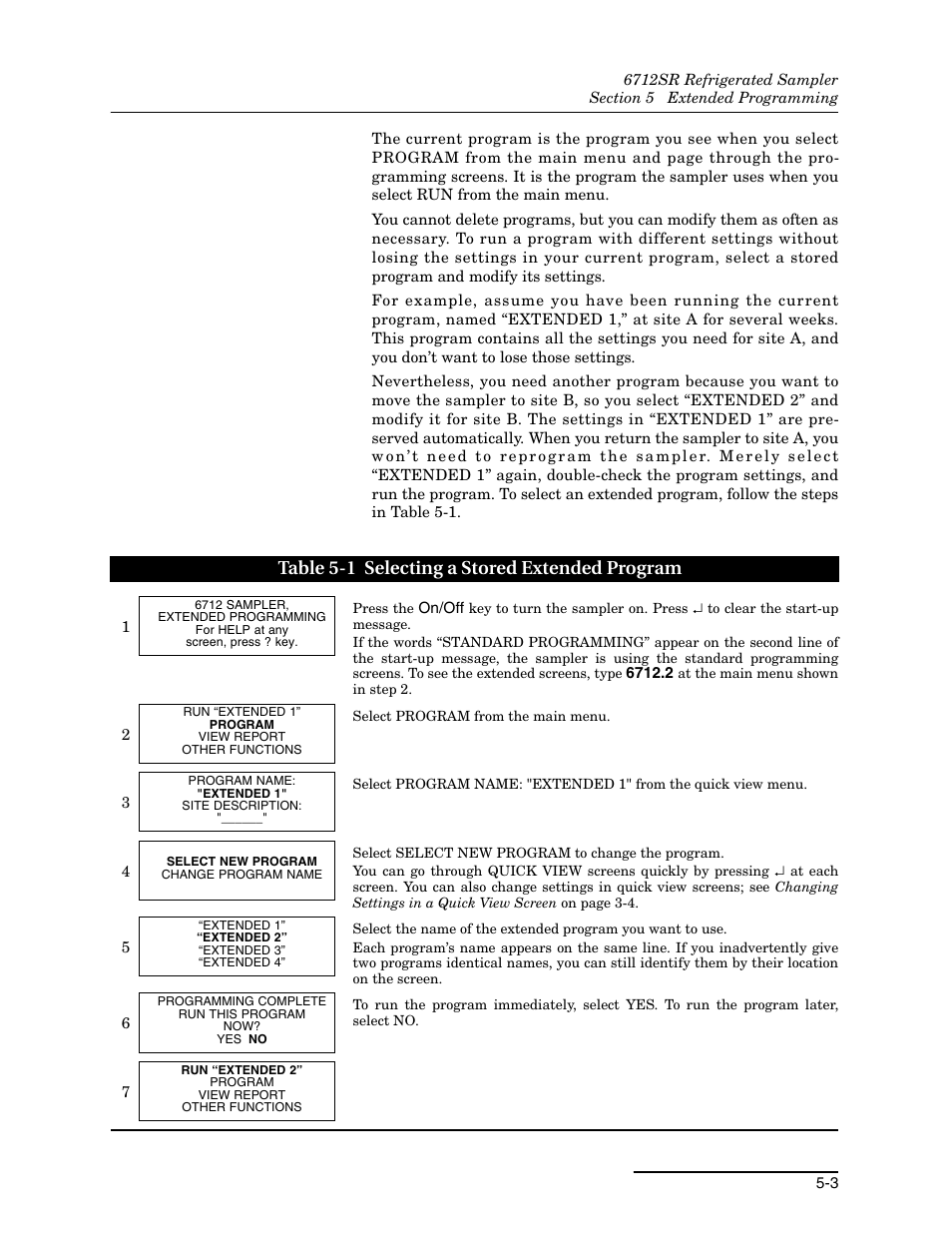 1 selecting a stored extended program -3, Table 5-1 selecting a stored extended program | Teledyne 6712SR User Manual | Page 91 / 224