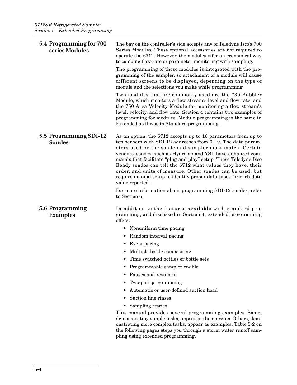 4 programming for 700 series modules, 5 programming sdi-12 sondes, 6 programming examples | Teledyne 6712SR User Manual | Page 92 / 224