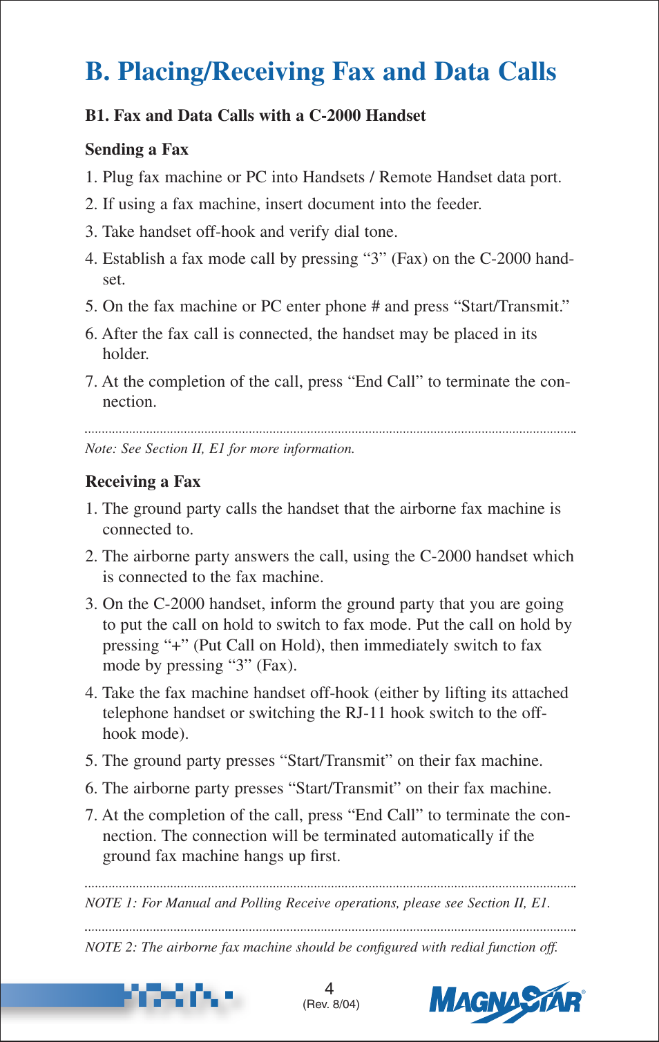 B. placing/receiving fax and data calls, Fax and data calls with a c-2000 handset | Teledyne C-2000 User Manual | Page 11 / 100