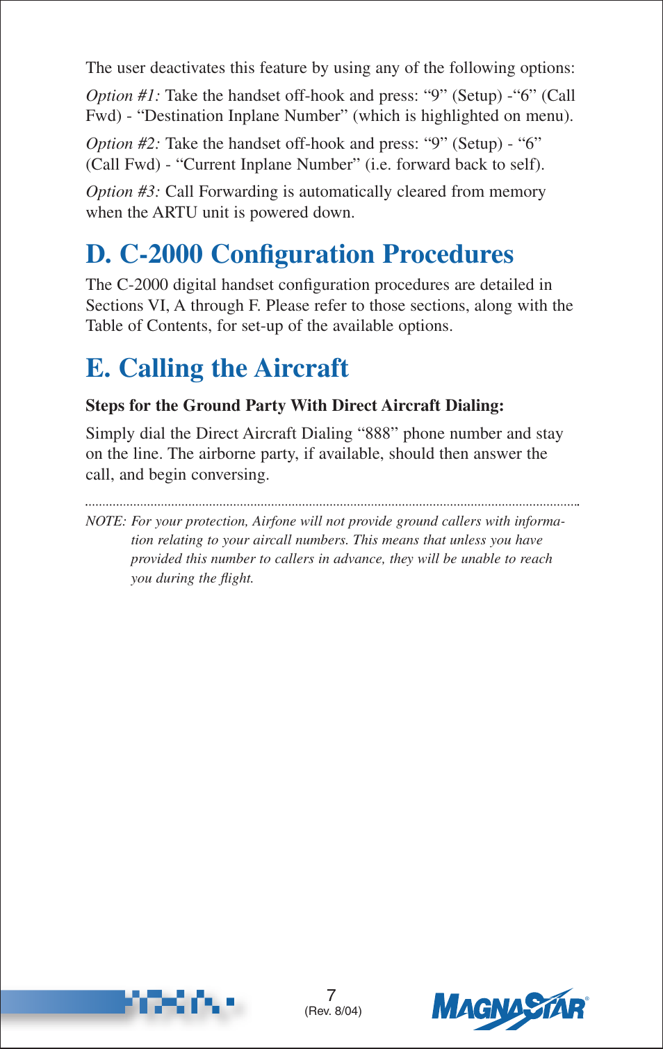D. c-2000 configuration procedures, E. calling the aircraft | Teledyne C-2000 User Manual | Page 14 / 100