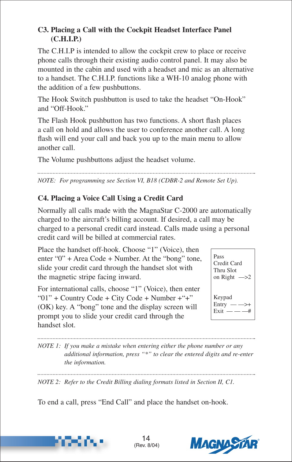 Placing a call with the cockpit headset, Interface panel (c.h.i.p.), Placing a voice call using a credit card | Teledyne C-2000 User Manual | Page 23 / 100
