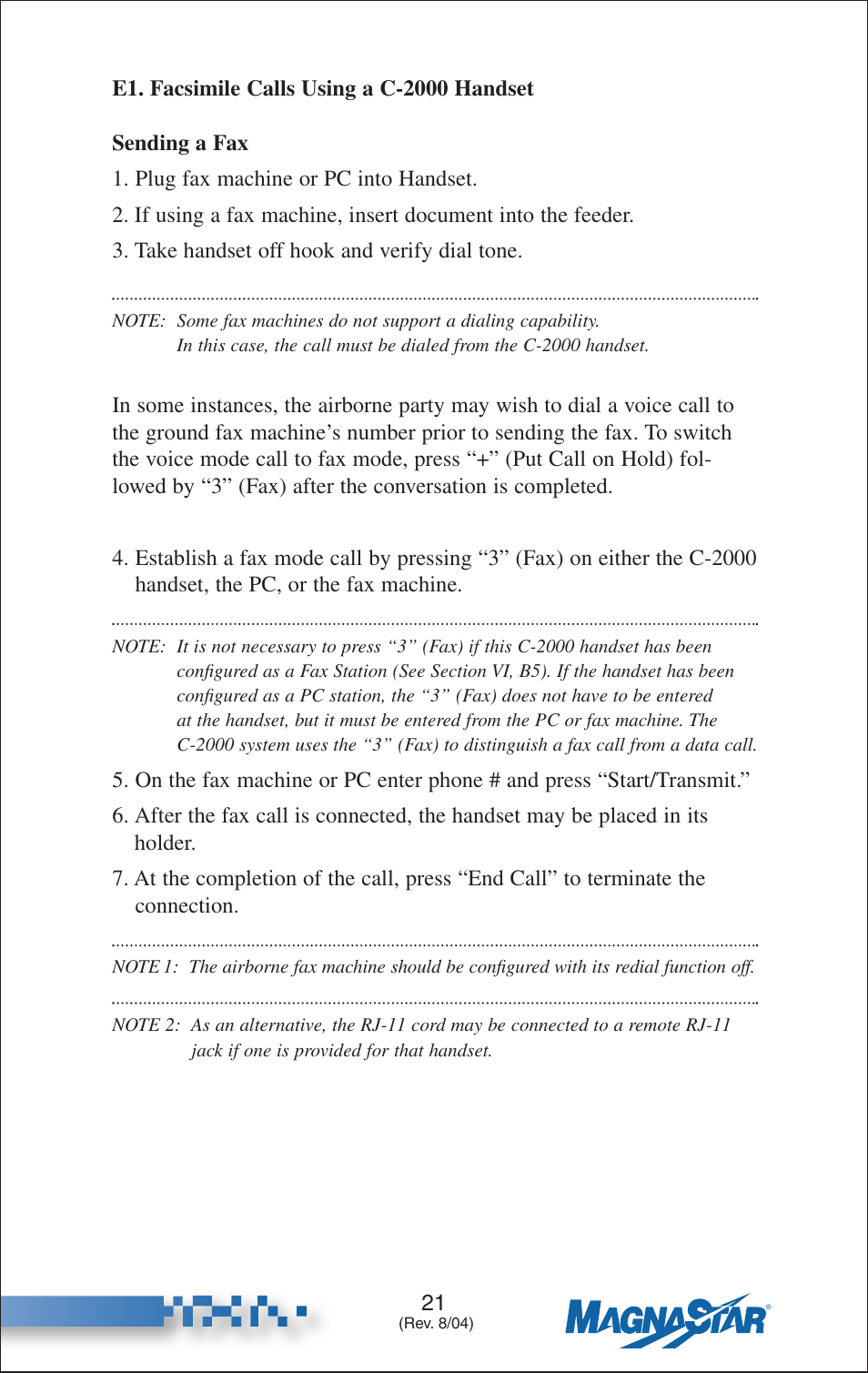 Facsimile calls using a c-2000 handset | Teledyne C-2000 User Manual | Page 30 / 100