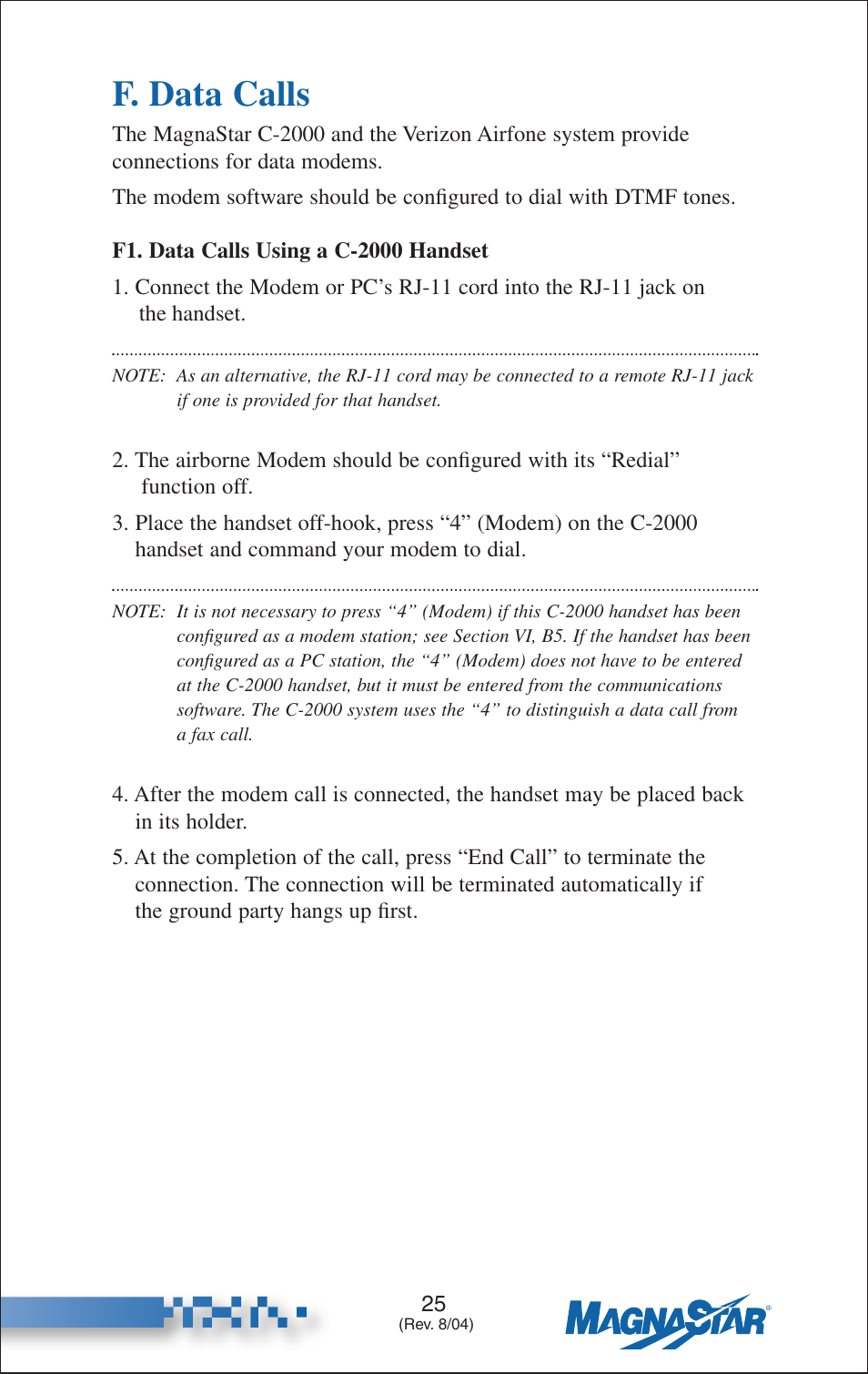 F. data calls, Data calls using a c-2000 handset | Teledyne C-2000 User Manual | Page 34 / 100