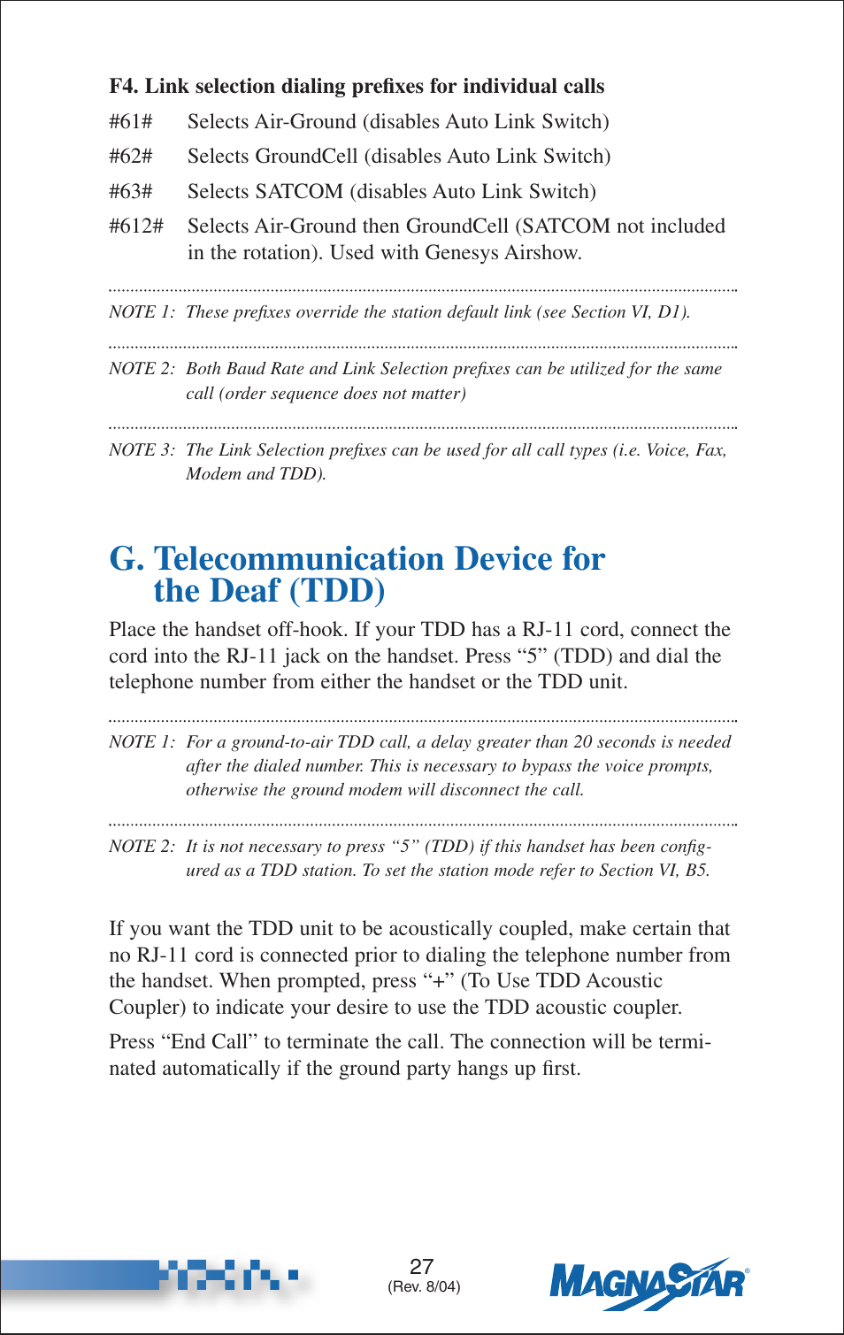 Link selection prefixes for individual calls, G. telecommunication device for the deaf (tdd) | Teledyne C-2000 User Manual | Page 36 / 100