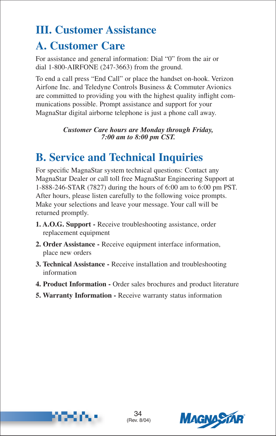 Iii. customer assistance a. customer care, B. service and technical inquiries | Teledyne C-2000 User Manual | Page 44 / 100
