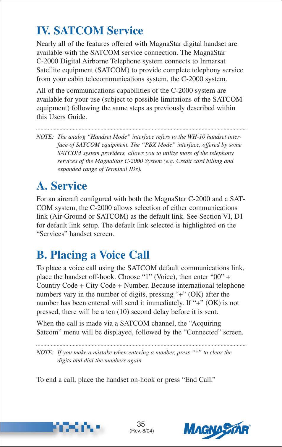 Satcom service, A. service, B. placing a voice call | Iv. satcom service | Teledyne C-2000 User Manual | Page 46 / 100