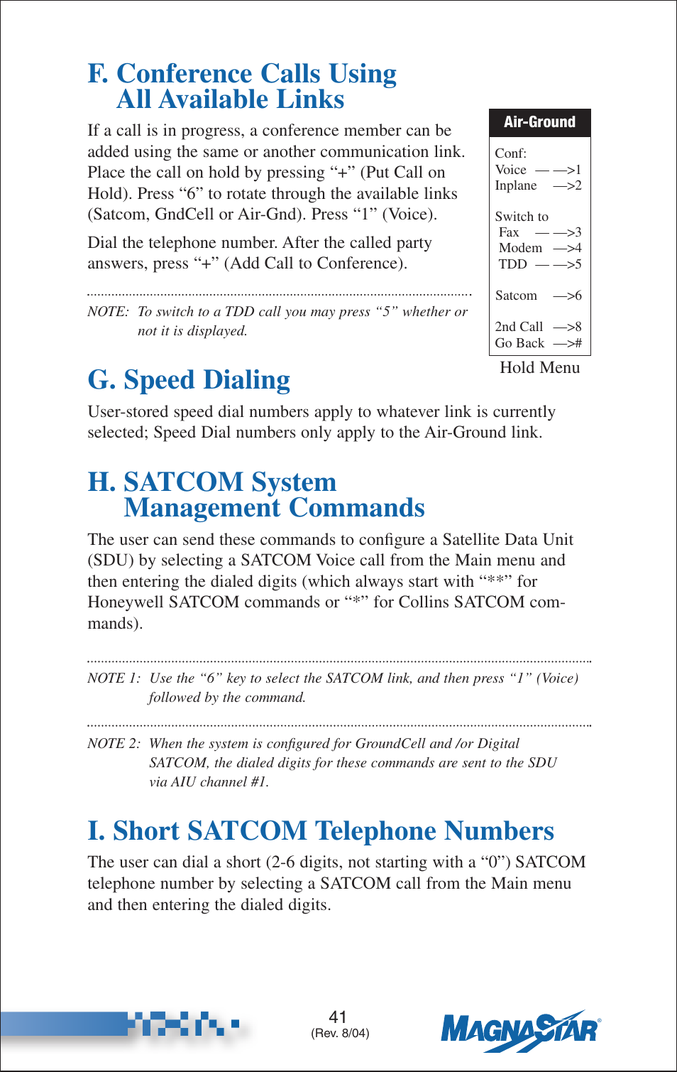 F. conference calls using all available links, G. speed dialing, H. satcom system management commands | I. short satcom telephone numbers | Teledyne C-2000 User Manual | Page 52 / 100