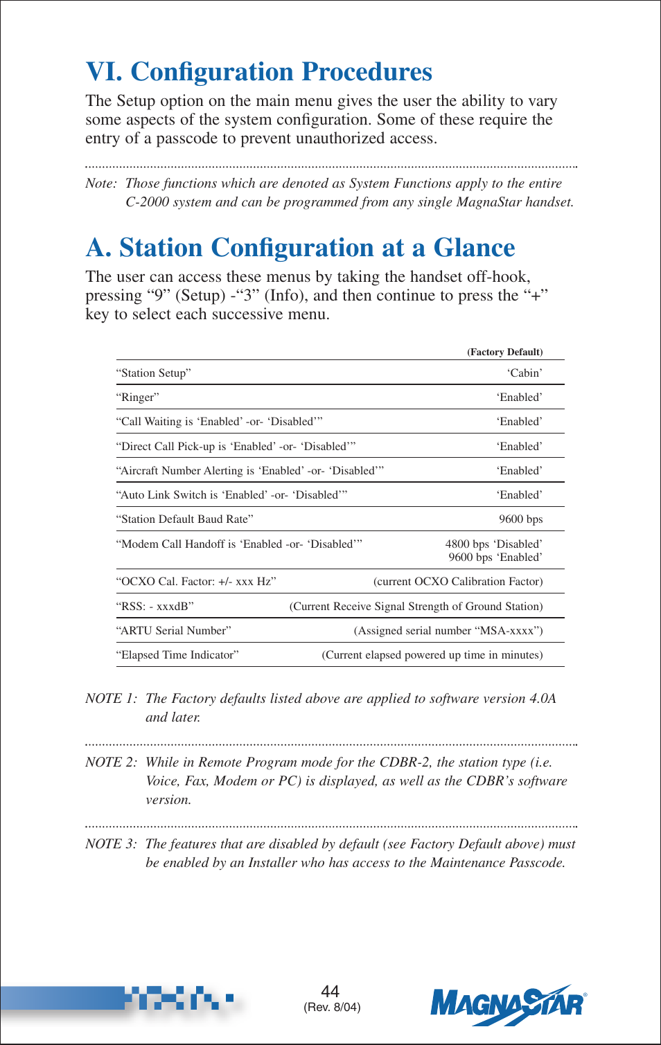 Configuration procedures, A. station configuration at a glance, Vi. configuration procedures | Teledyne C-2000 User Manual | Page 58 / 100
