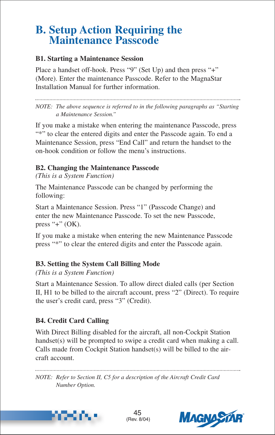 Starting a maintenance session, Changing the maintenance passcode, Setting the system call billing mode | Credit card calling, B. setup action requiring the maintenance passcode | Teledyne C-2000 User Manual | Page 59 / 100