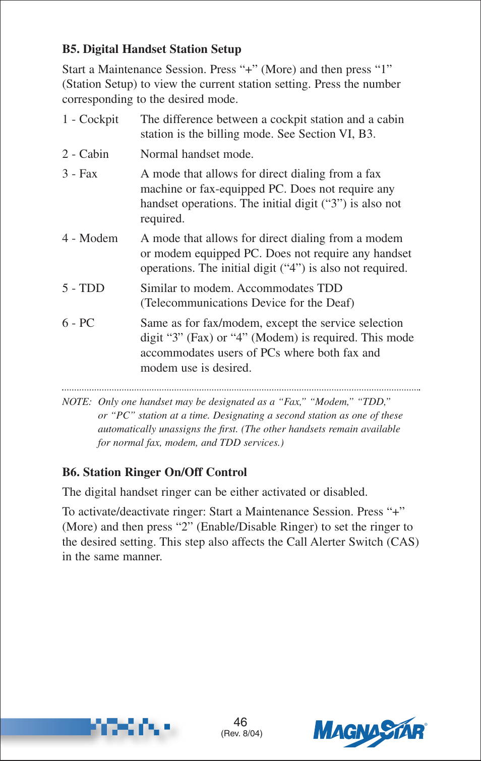 Digital handset station set-up, Station ringer on/off control | Teledyne C-2000 User Manual | Page 60 / 100