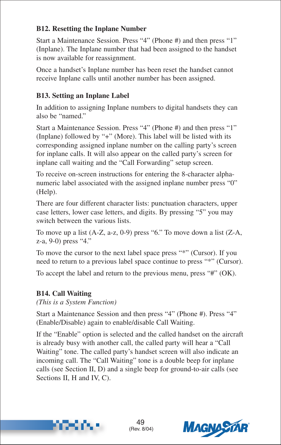 B12. re-setting the inplane number, B13. setting an inplane label, B14. call waiting | Teledyne C-2000 User Manual | Page 63 / 100