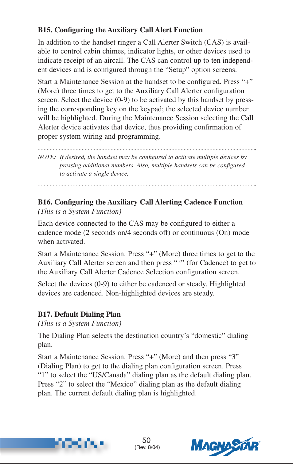 B15. configuring the auxiliary call alert function, B16. configuring the auxiliary call alerting, Cadence function | B17. default dialing plan | Teledyne C-2000 User Manual | Page 64 / 100