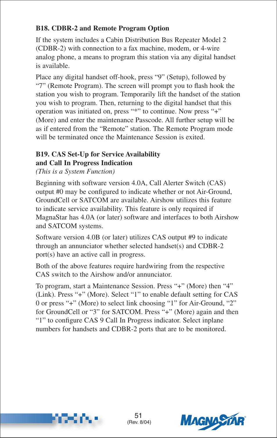 B18. cdbr-2 and remote program option, B19. cas setup for service availability, And call in progress indication | Teledyne C-2000 User Manual | Page 65 / 100