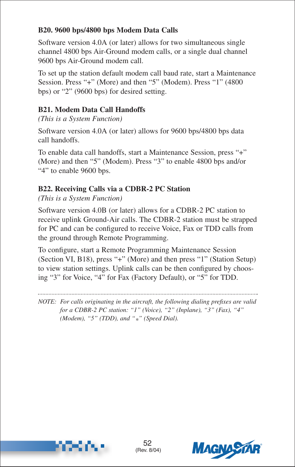 B20. 9600 bps/4800 bps modem data calls, B21. data modem call handoffs, B22. receiving calls via a cdbr-2 pc station | Teledyne C-2000 User Manual | Page 66 / 100