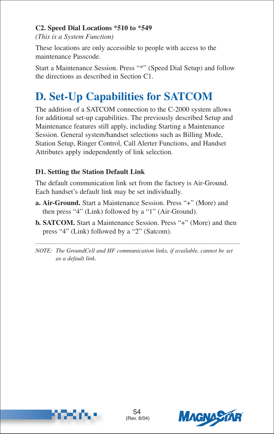 Speed dial locations *510 to *549, D. set-up capabilities for satcom, Setting the station default link | Teledyne C-2000 User Manual | Page 68 / 100