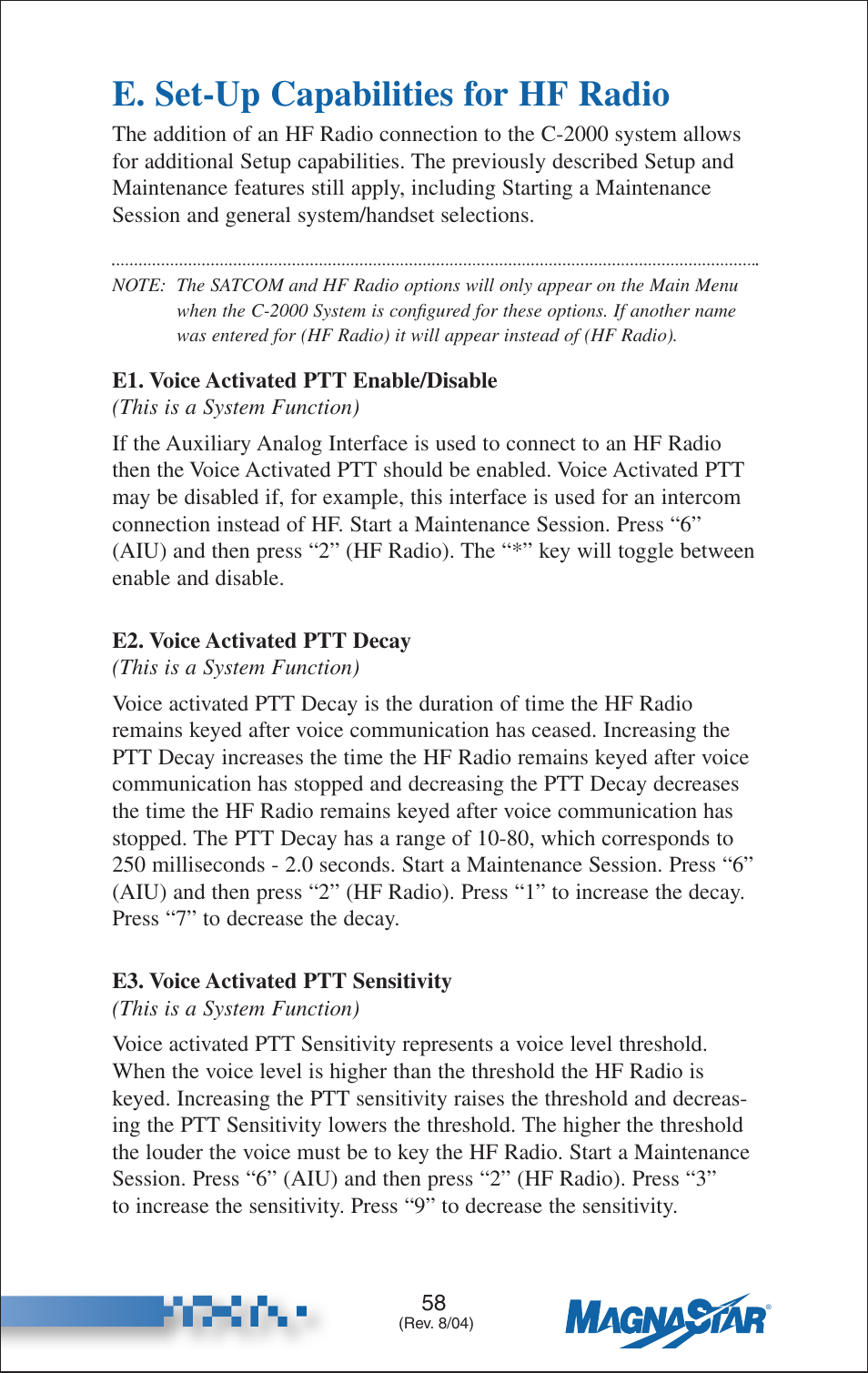 E. set-up capabilities for hf radio, Voice activated ptt enable/disable, Voice activated ptt decay | Voice activated ptt sensitivity | Teledyne C-2000 User Manual | Page 72 / 100