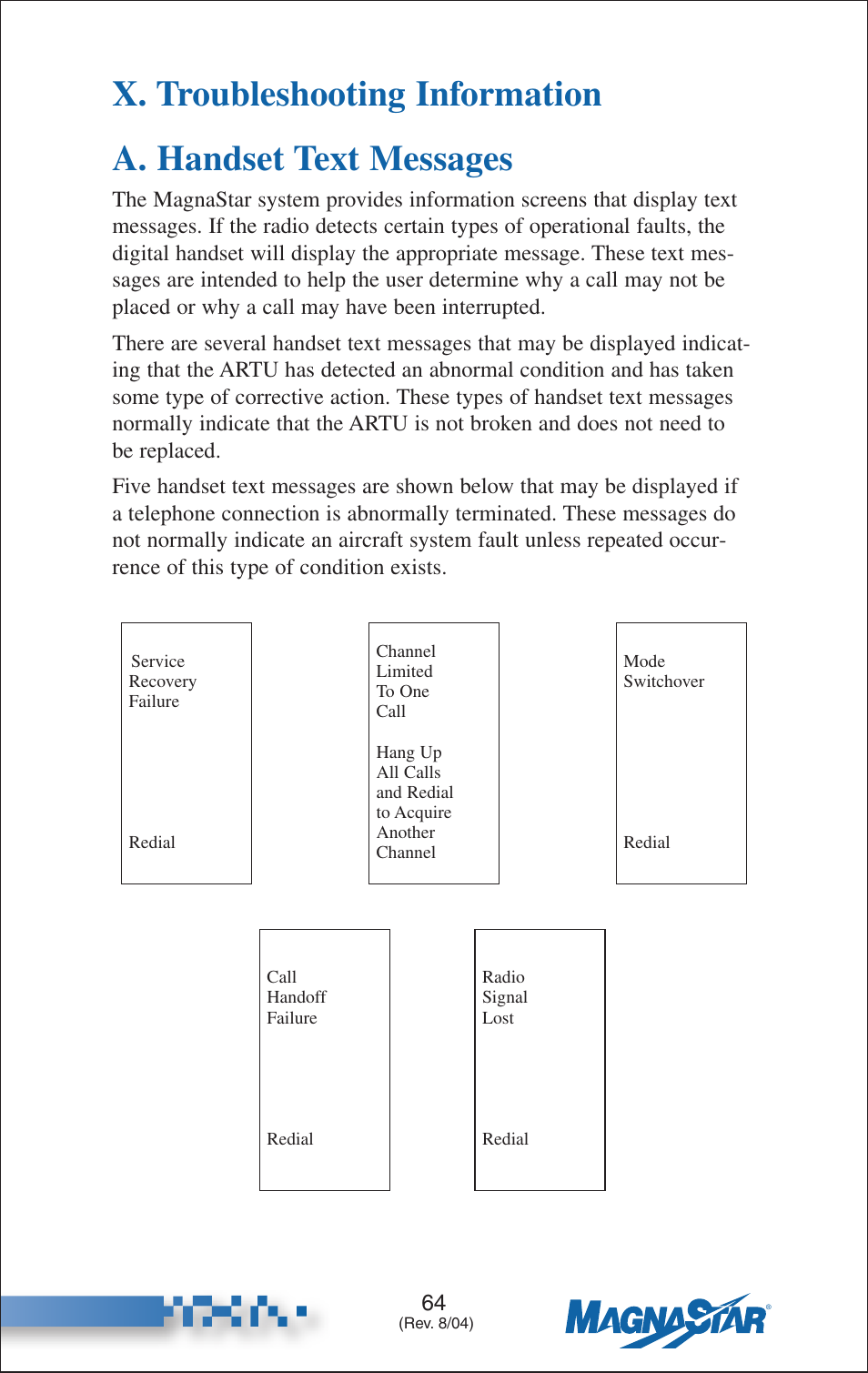 Troubleshooting information, A. handset text messages | Teledyne C-2000 User Manual | Page 82 / 100