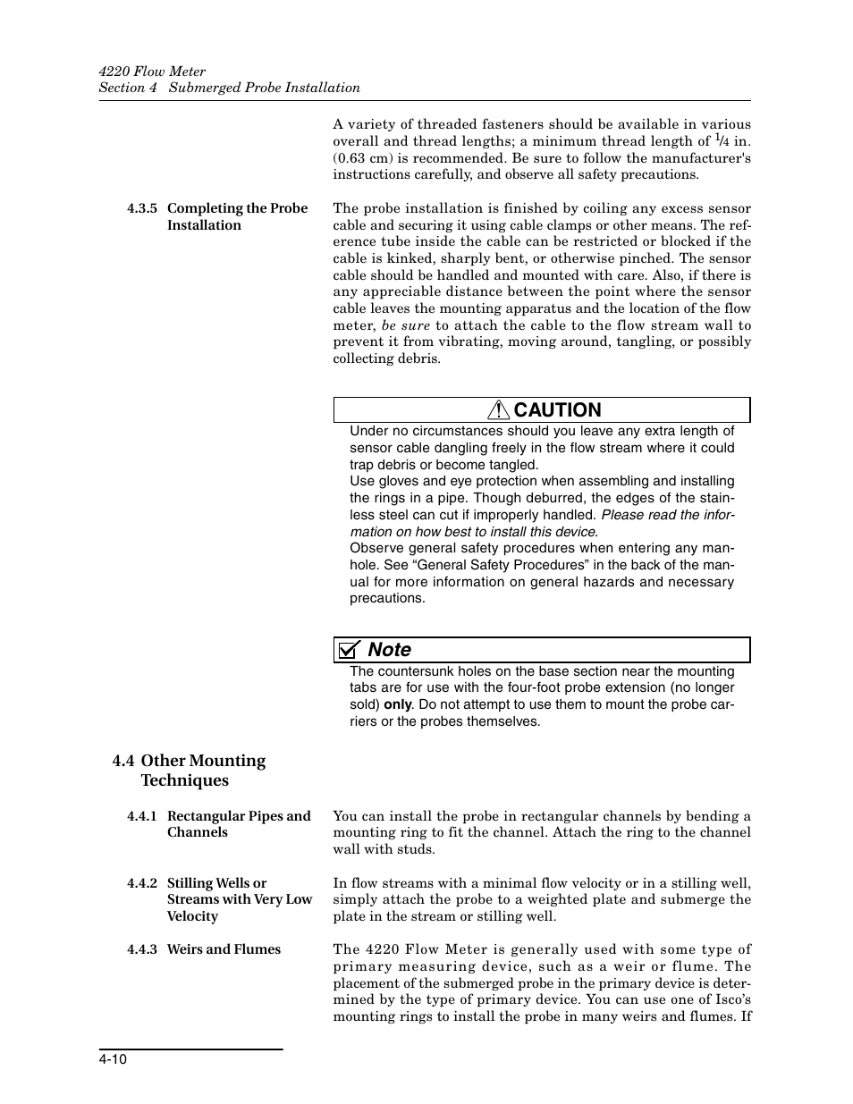 5 completing the probe installation, 4 other mounting techniques, 1 rectangular pipes and channels | 2 stilling wells or streams with very low velocity, 3 weirs and flumes, 5 completing the probe installation -10, 4 other mounting techniques -10, Caution | Teledyne 4220 User Manual | Page 104 / 198