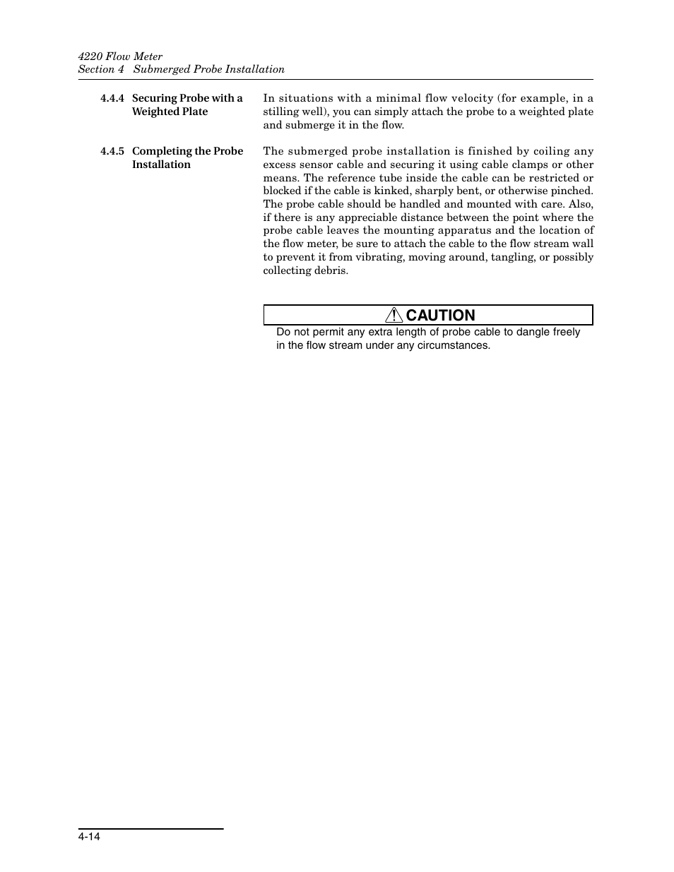 4 securing probe with a weighted plate, 5 completing the probe installation, Caution | Teledyne 4220 User Manual | Page 108 / 198