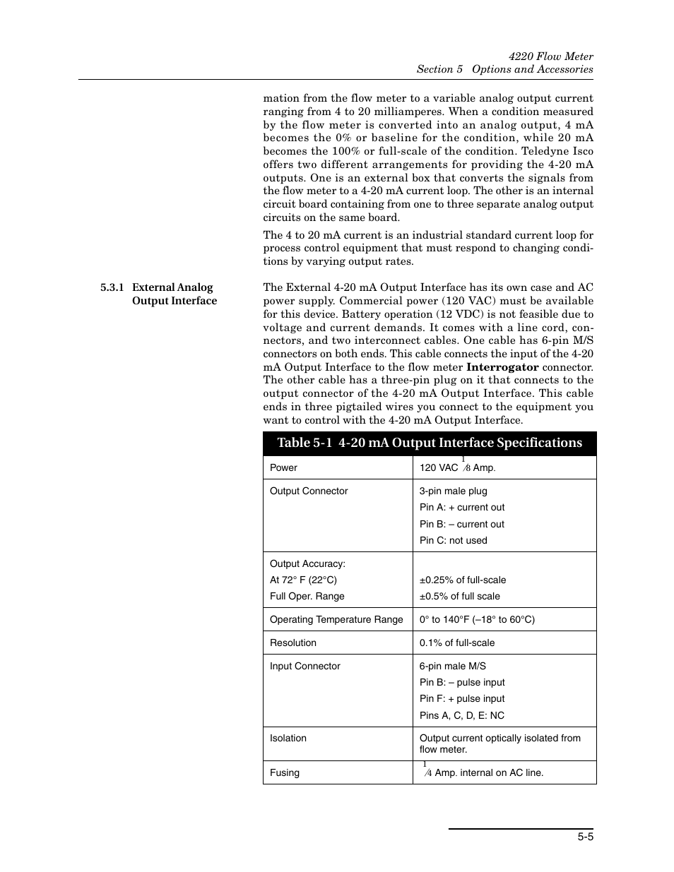 1 external analog output interface, 1 external analog output interface -5, 1 4-20 ma output interface specifications -5 | Teledyne 4220 User Manual | Page 113 / 198