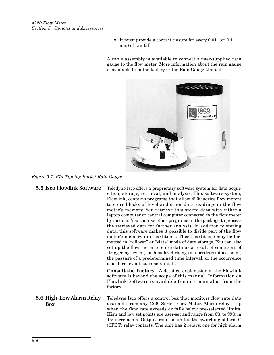 5 isco flowlink software, 6 high-low alarm relay box, 1 674 tipping bucket rain gauge -8 | Teledyne 4220 User Manual | Page 116 / 198