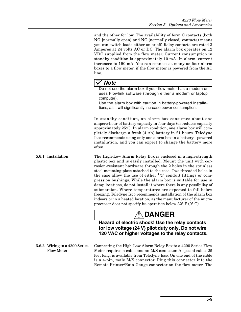 1 installation, 2 wiring to a 4200 series flow meter, Danger | Teledyne 4220 User Manual | Page 117 / 198