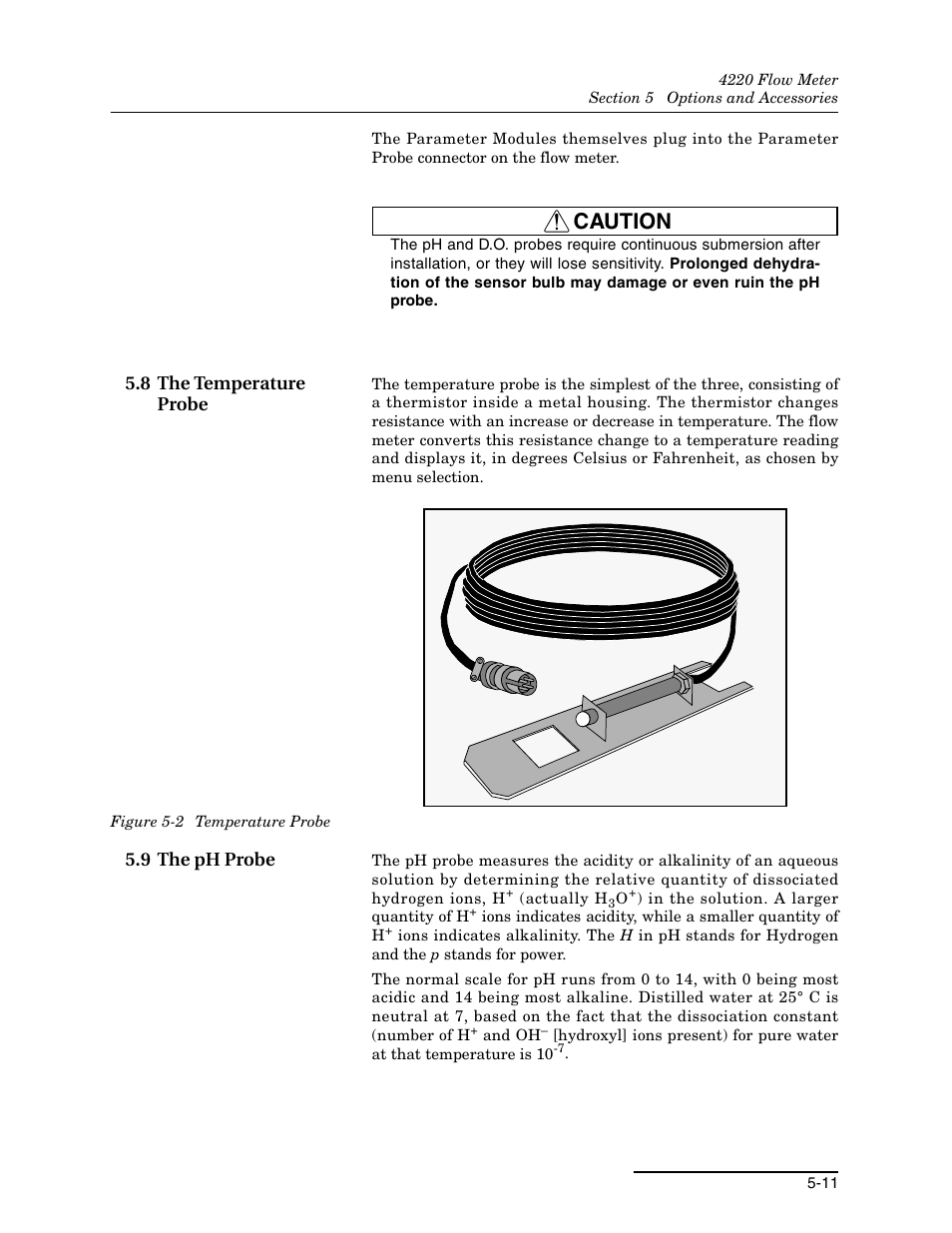 8 the temperature probe, 9 the ph probe, 8 the temperature probe -11 5.9 the ph probe -11 | 2 temperature probe -11, Caution | Teledyne 4220 User Manual | Page 119 / 198