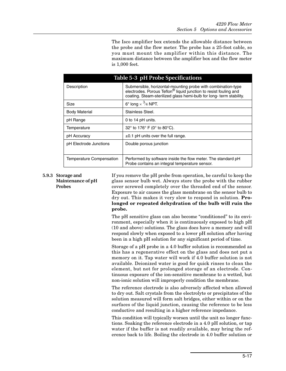 3 storage and maintenance of ph probes, 3 storage and maintenance of ph probes -17, 3 ph probe specifications -17 | Table 5-3 ph probe specifications | Teledyne 4220 User Manual | Page 125 / 198