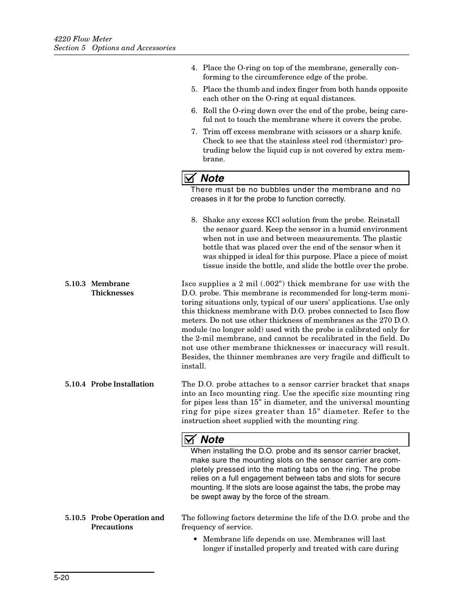 3 membrane thicknesses, 4 probe installation, 5 probe operation and precautions | Teledyne 4220 User Manual | Page 128 / 198