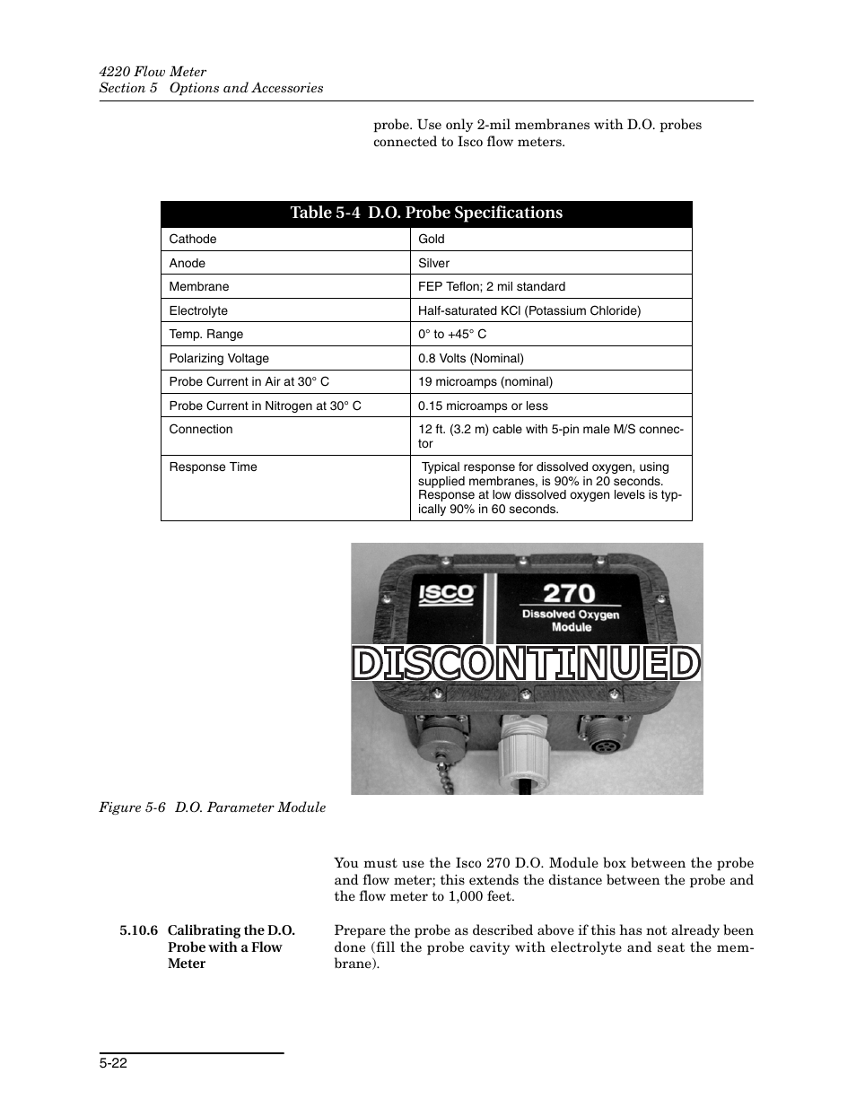 6 calibrating the d.o. probe with a flow meter, 6 calibrating the d.o. probe with a flow meter -22, 6 d.o. parameter module -22 | 4 d.o. probe specifications -22, Table 5-4 d.o. probe specifications | Teledyne 4220 User Manual | Page 130 / 198
