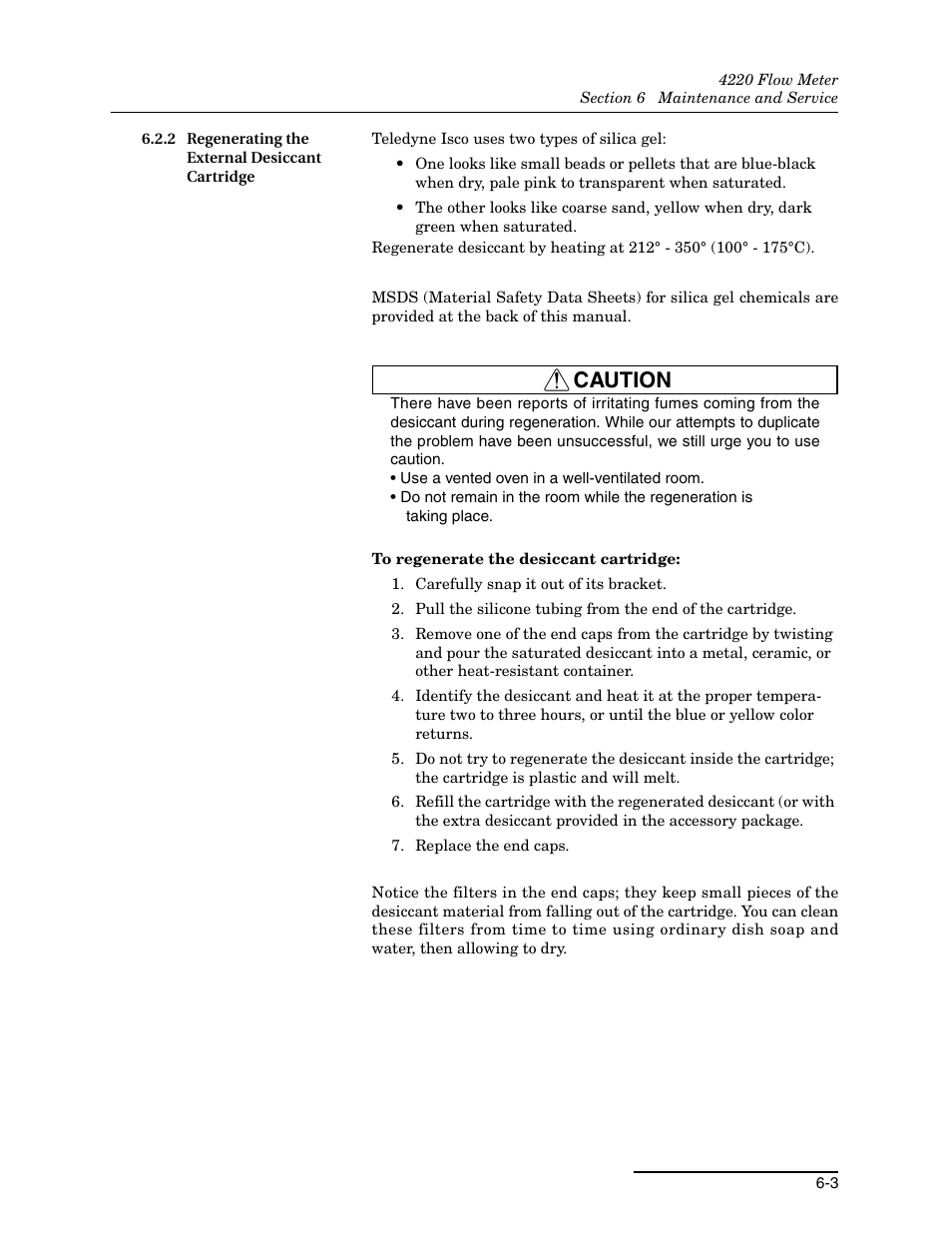 2 regenerating the external desiccant cartridge, 2 regenerating the external desiccant cartridge -3, Caution | Teledyne 4220 User Manual | Page 137 / 198