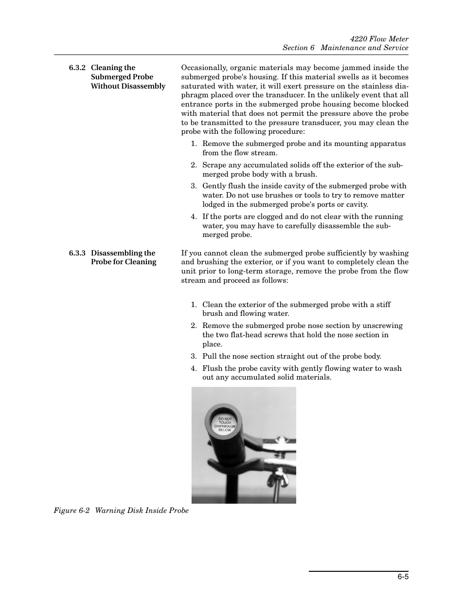 2 cleaning the submerged probe without disassembly, 3 disassembling the probe for cleaning, 2 warning disk inside probe -5 | Teledyne 4220 User Manual | Page 139 / 198