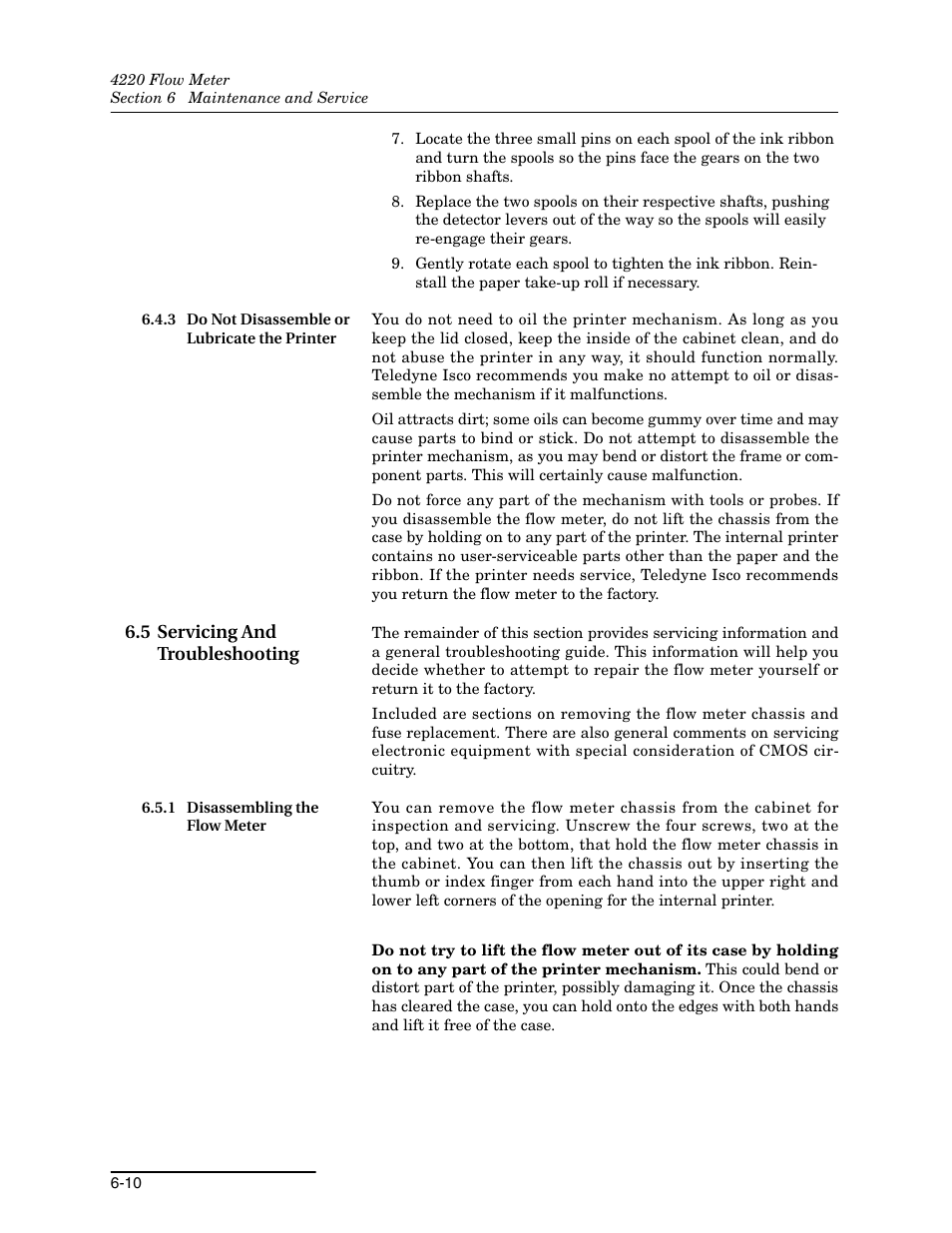 3 do not disassemble or lubricate the printer, 5 servicing and troubleshooting, 1 disassembling the flow meter | 3 do not disassemble or lubricate the printer -10, 5 servicing and troubleshooting -10, 1 disassembling the flow meter -10 | Teledyne 4220 User Manual | Page 144 / 198