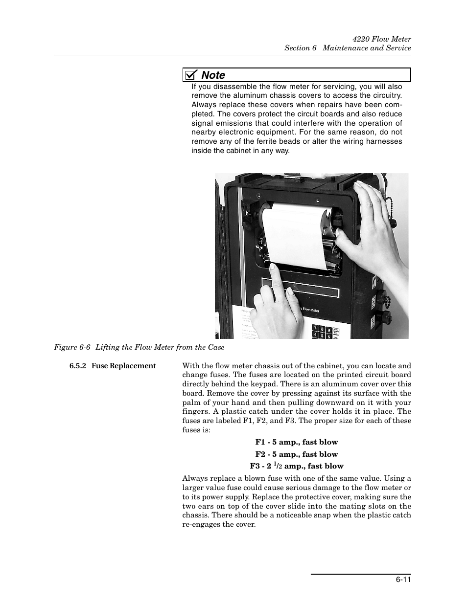 2 fuse replacement, 2 fuse replacement -11, 6 lifting the flow meter from the case -11 | Teledyne 4220 User Manual | Page 145 / 198