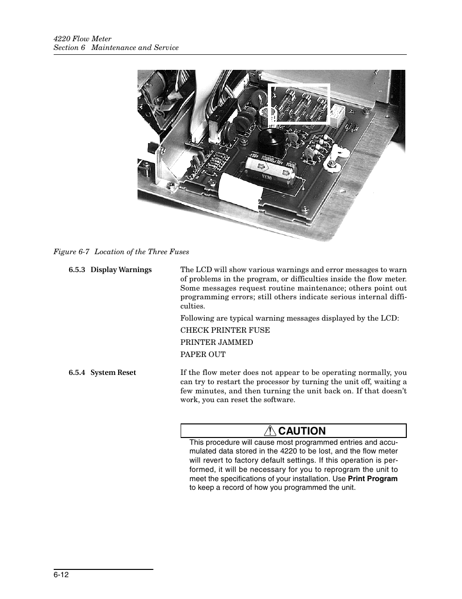 3 display warnings, 4 system reset, 3 display warnings -12 6.5.4 system reset -12 | 7 location of the three fuses -12, Caution | Teledyne 4220 User Manual | Page 146 / 198