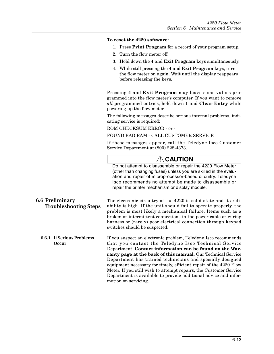 6 preliminary troubleshooting steps, 1 if serious problems occur, 6 preliminary troubleshooting steps -13 | 1 if serious problems occur -13, Caution | Teledyne 4220 User Manual | Page 147 / 198