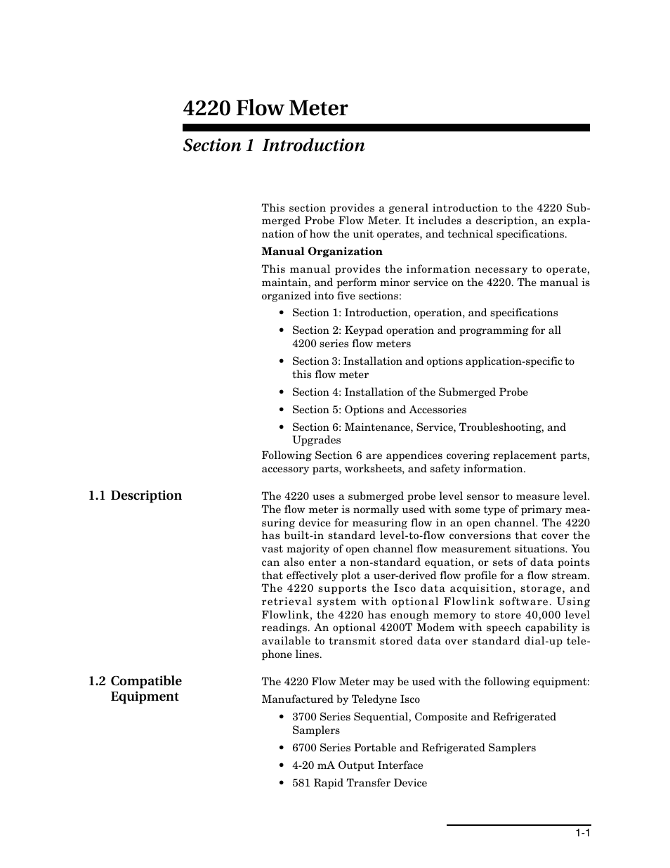 Section 1 introduction, 1 description, 2 compatible equipment | 1 description -1 1.2 compatible equipment -1, 4220 flow meter | Teledyne 4220 User Manual | Page 15 / 198
