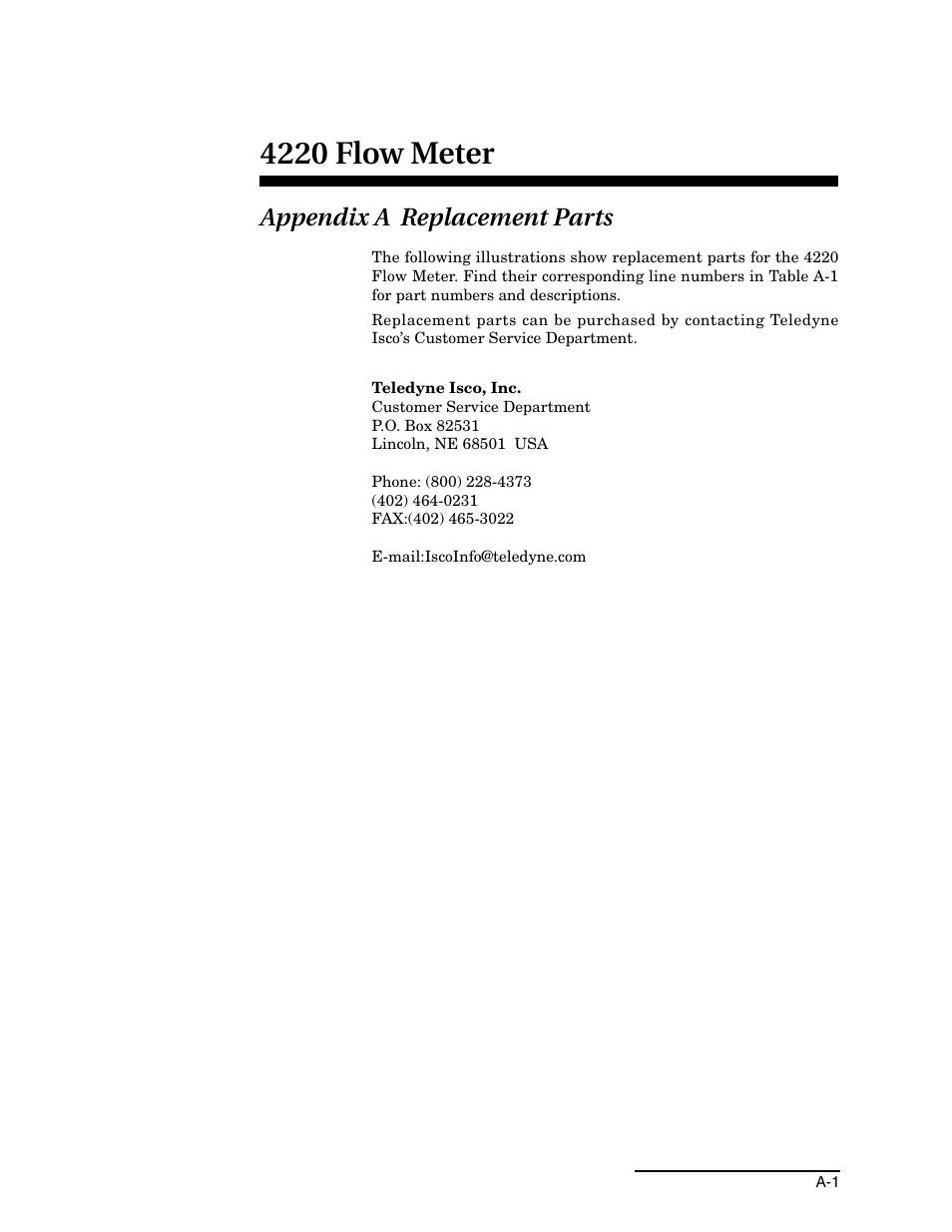 Appendix a replacement parts, 4220 flow meter | Teledyne 4220 User Manual | Page 155 / 198