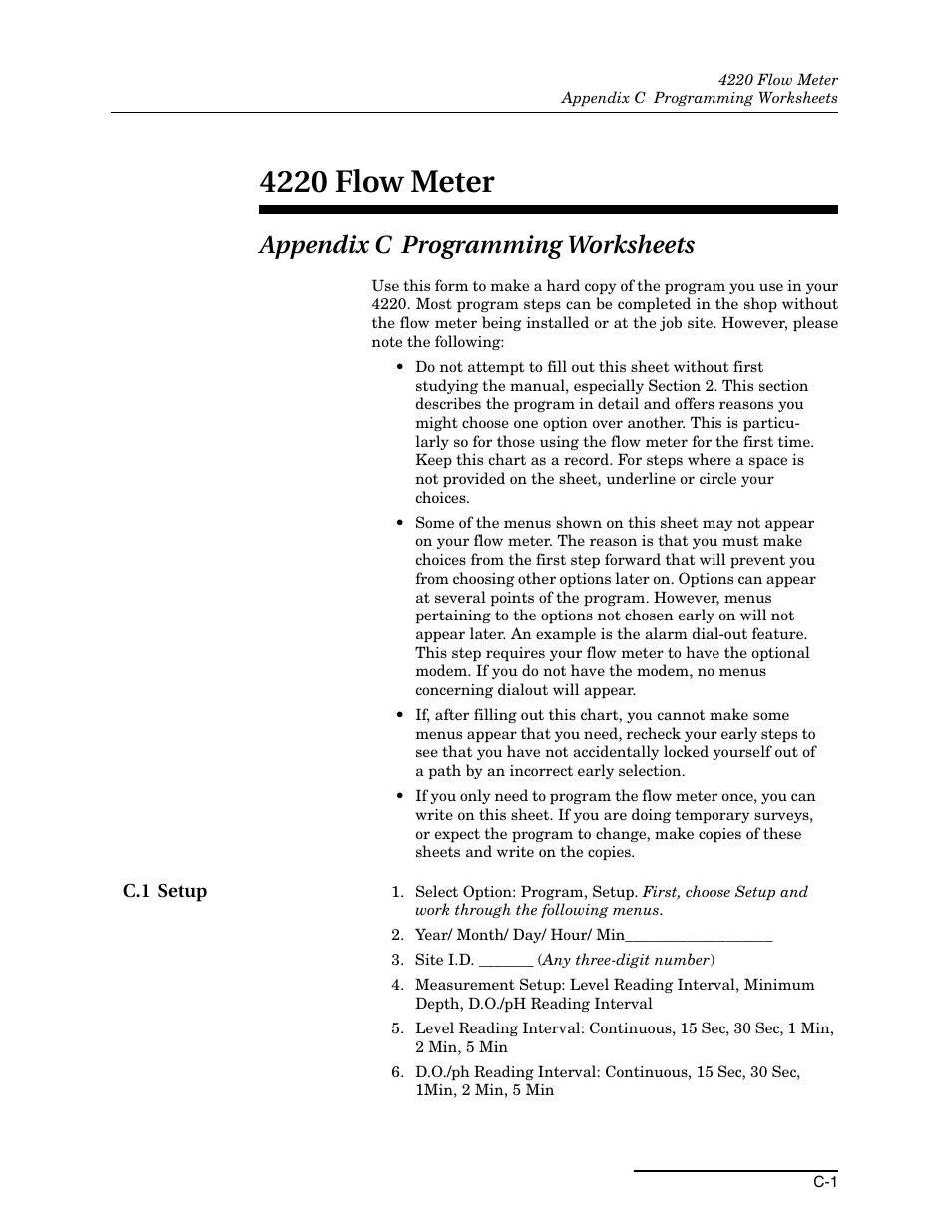 Appendix c programming worksheets, C.1 setup, 4220 flow meter | Teledyne 4220 User Manual | Page 165 / 198