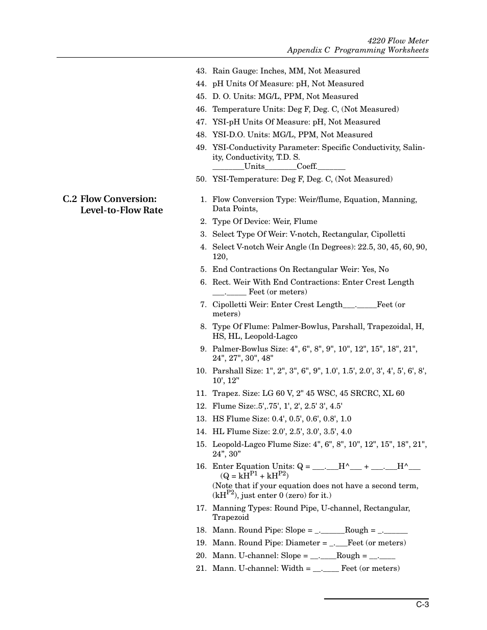C.2 flow conversion: level-to-flow rate | Teledyne 4220 User Manual | Page 167 / 198