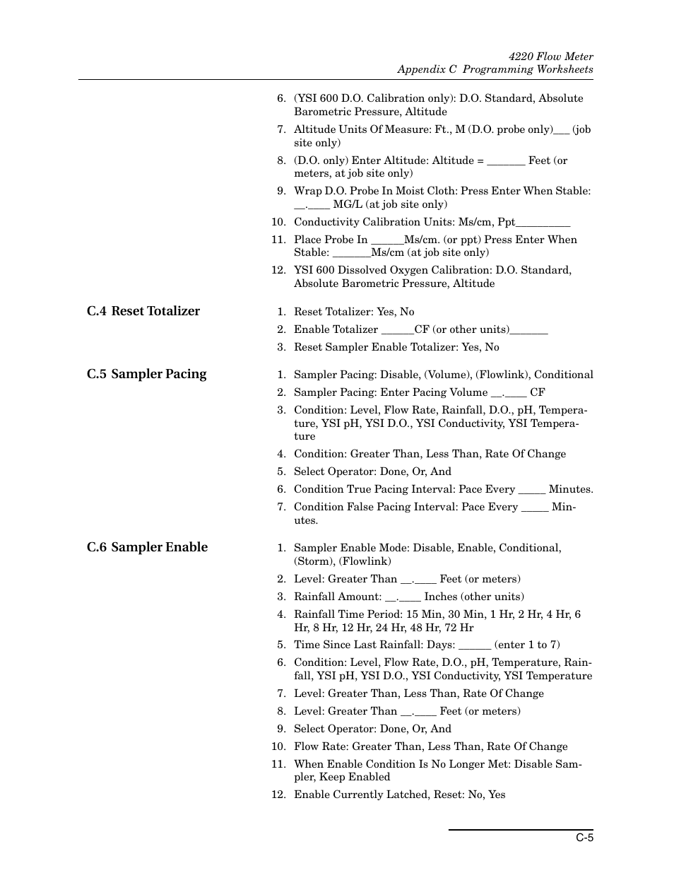 C.4 reset totalizer, C.5 sampler pacing, C.6 sampler enable | Teledyne 4220 User Manual | Page 169 / 198