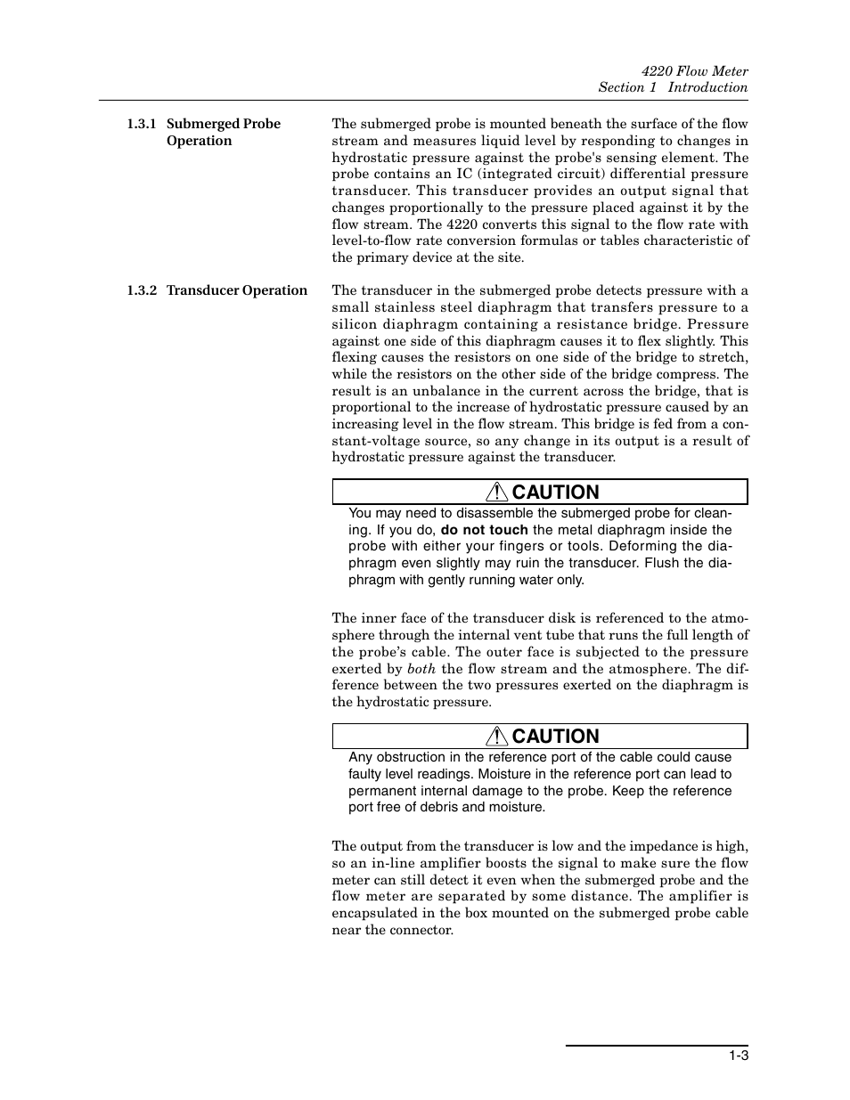 1 submerged probe operation, 2 transducer operation, Caution | Teledyne 4220 User Manual | Page 17 / 198