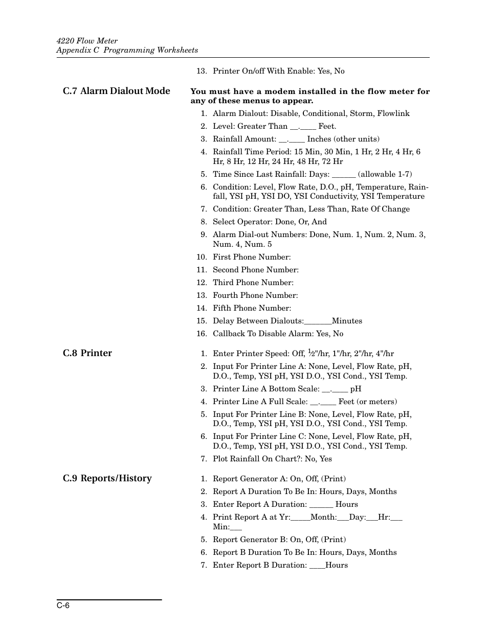 C.7 alarm dialout mode, C.8 printer, C.9 reports/history | Teledyne 4220 User Manual | Page 170 / 198