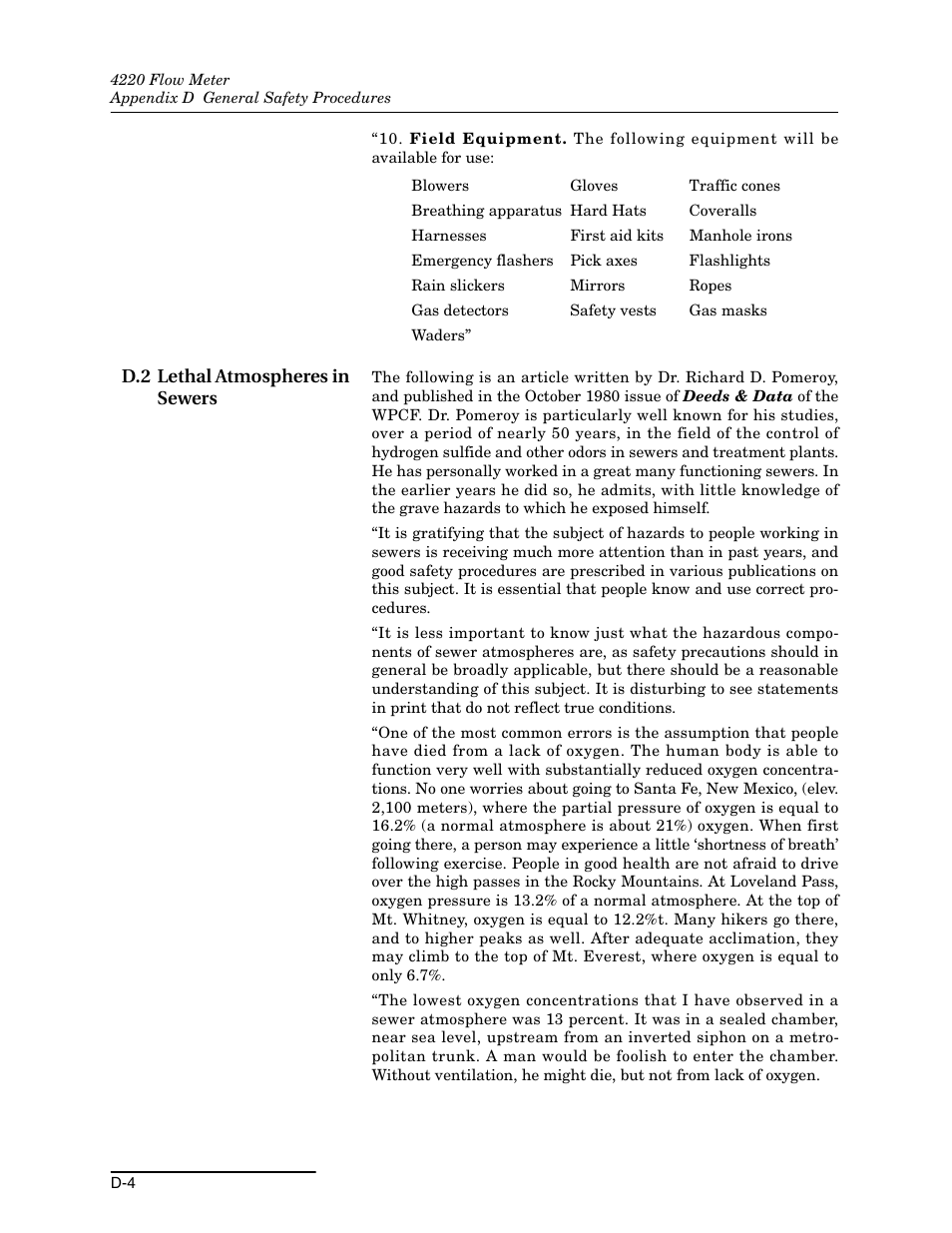 D.2 lethal atmospheres in sewers | Teledyne 4220 User Manual | Page 176 / 198
