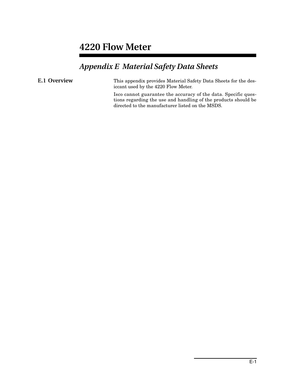 Appendix e material safety data sheets, E.1 overview, 4220 flow meter | Teledyne 4220 User Manual | Page 183 / 198